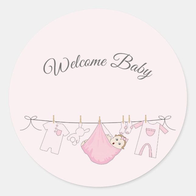 Adorable Baby Girl Dusche in Rosa und Grau Runder Aufkleber (Vorderseite)