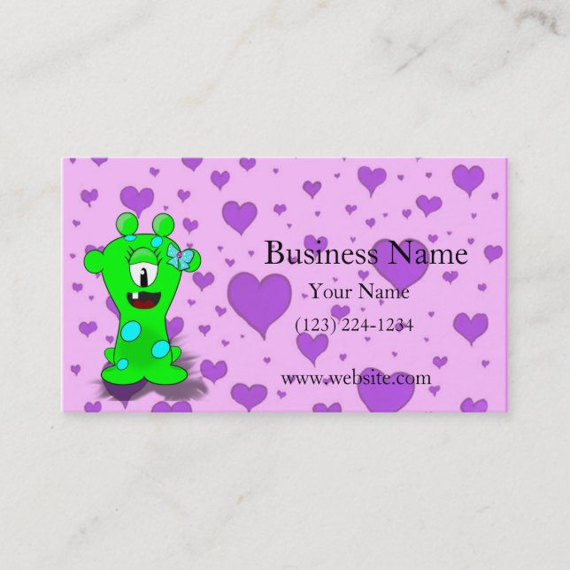 Adorable Baby Green Monster on Heart Background Visitenkarte (Vorderseite)
