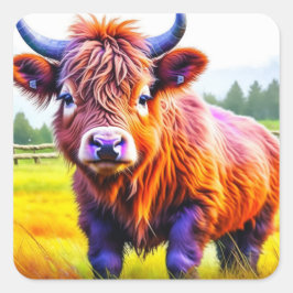 Adorable Baby Highland Cow auf einem Bauernhof Quadratischer Aufkleber