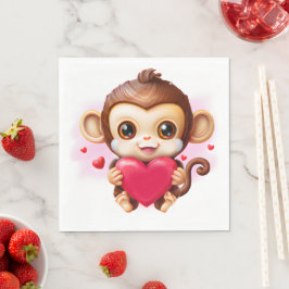 Adorable Baby Monkey hält ein rotes Herz Serviette