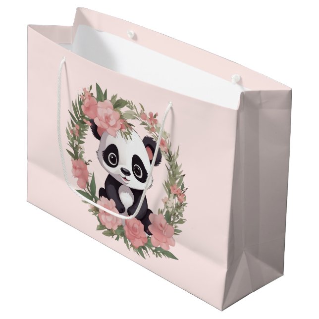Adorable Baby Panda Bär mit Blume Große Geschenktüte (Vorderseite Schrägansicht)