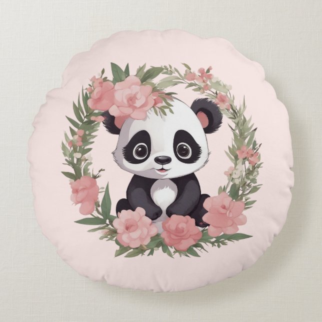 Adorable Baby Panda Bär mit Blume Rundes Kissen (Vorderseite)