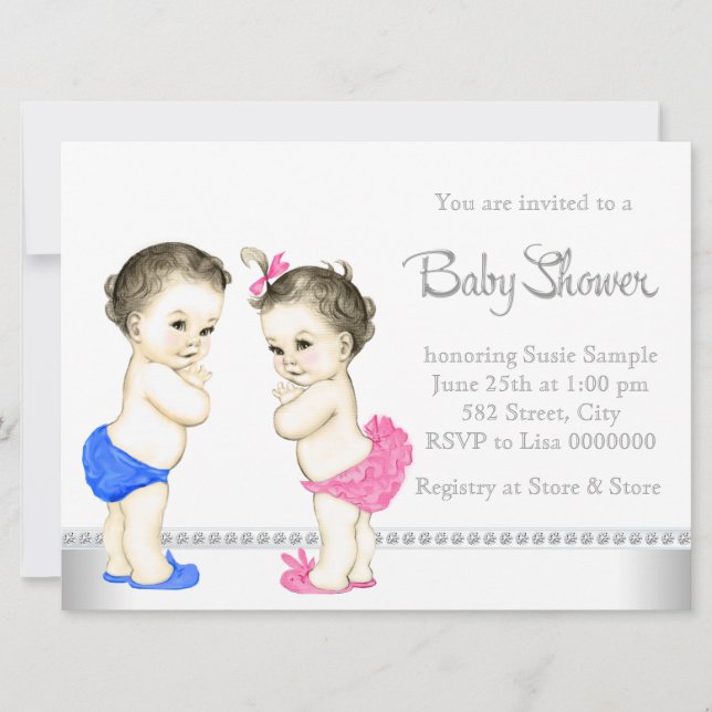 Adorable Babys Pink und Blue Twin Baby Dusche Einladung (Vorderseite)