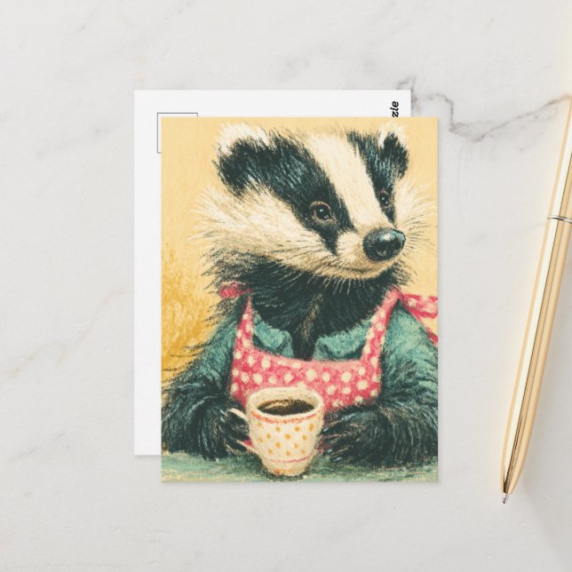 Adorable Badger mit Kaffee Red Polka Dot Schürze Postkarte (Vorderseite/Rückseite Beispiel)