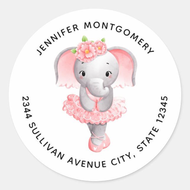 Adorable Ballerina Elephant en Pointe Adresse Runder Aufkleber (Vorderseite)