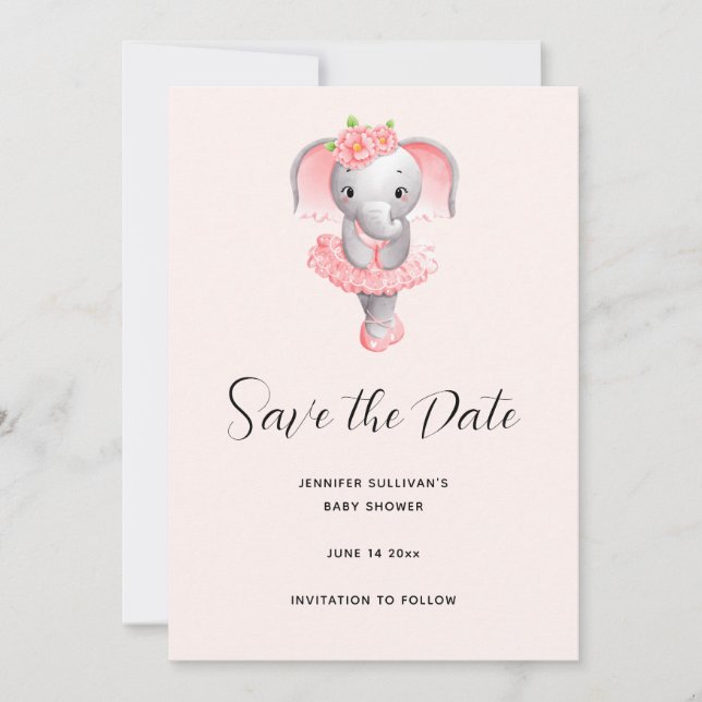 Adorable Ballerina Elephant En Pointe Save The Date (Vorderseite)