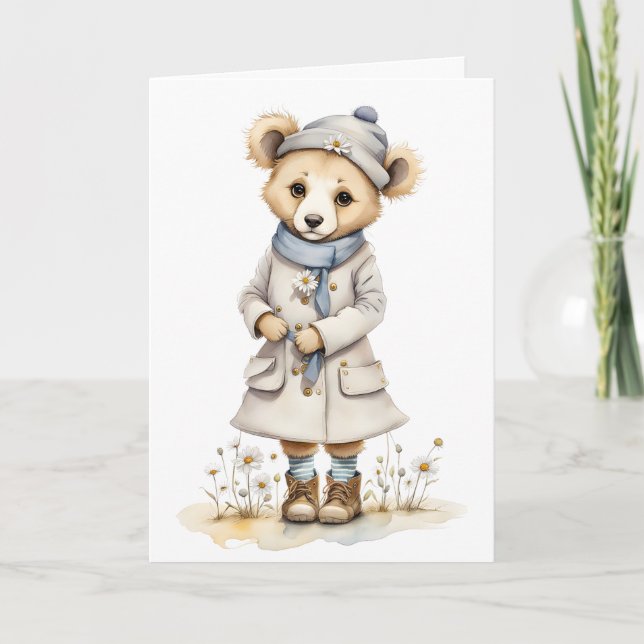 Adorable Bär in Coat Hat Scarf stiftet Daisy Blank Karte (Vorderseite)