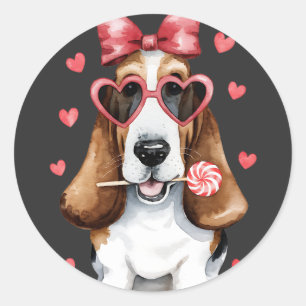Adorable Basset Hound Genießen Lollipop Valentine Runder Aufkleber