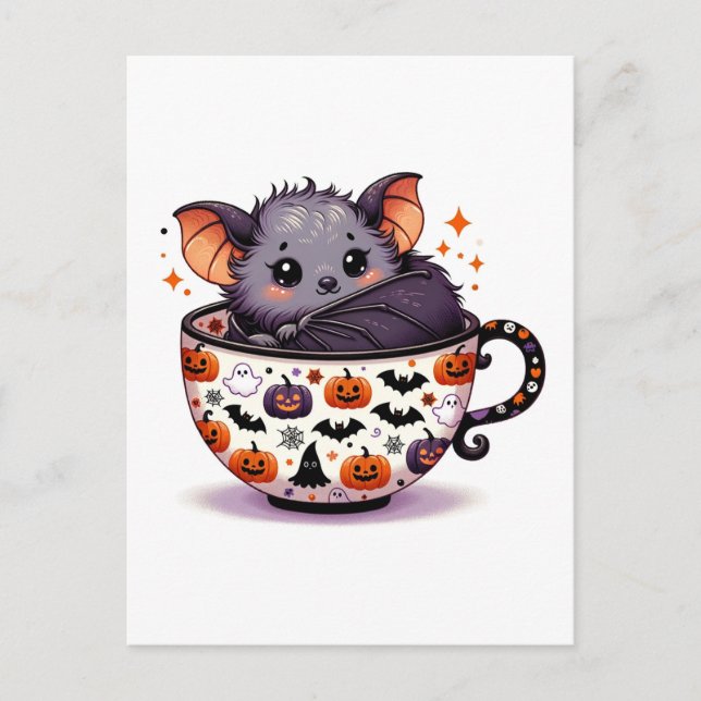 Adorable Bat im Halloween-Teacup Postkarte (Vorderseite)