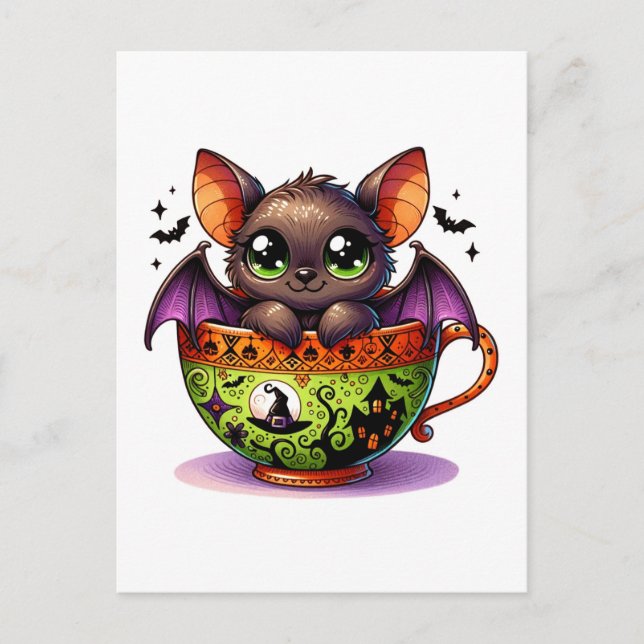 Adorable Bat im Halloween-Teacup Postkarte (Vorderseite)