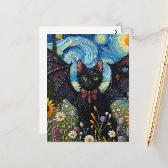 Adorable Bat Kitty auf der Wiese Postkarte (Vorderseite/Rückseite Beispiel)