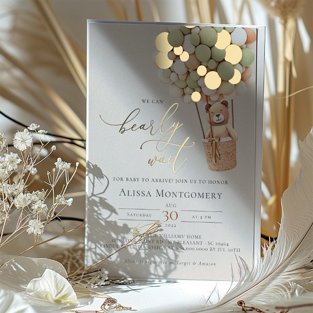 Adorable Bear Balloon Baby Dusche Gold Foil Akzent Folieneinladung (Von Creator hochgeladen)