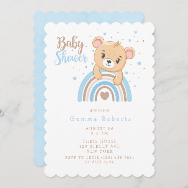 Adorable Bear Boho Rainbow Boy Baby Dusche Einladung (Vorne/Hinten)