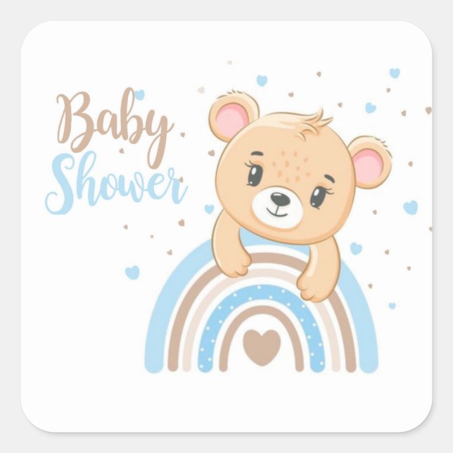 Adorable Bear Boho Rainbow Boy Baby Dusche Quadratischer Aufkleber (Vorderseite)