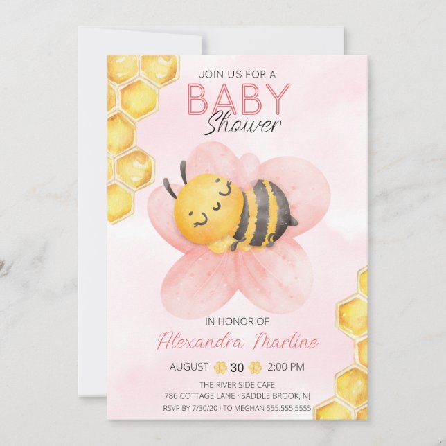 Adorable Bee Pink Blütendusche Einladung (Vorderseite)