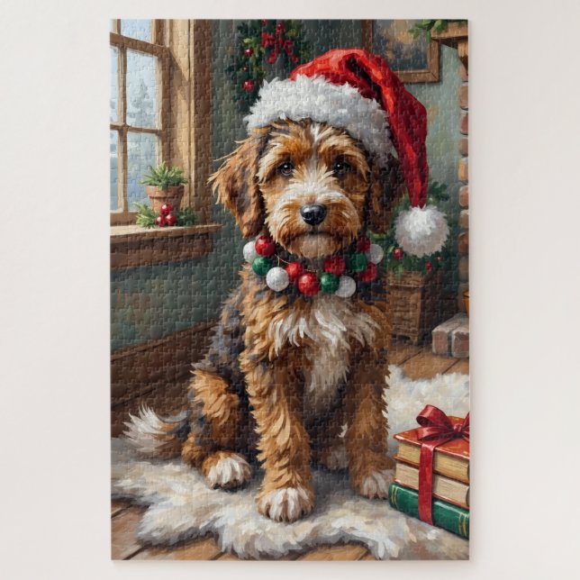 Adorable Bernedoodle Dog Cozy Knitted Santa Hat Puzzle (Vertikal)