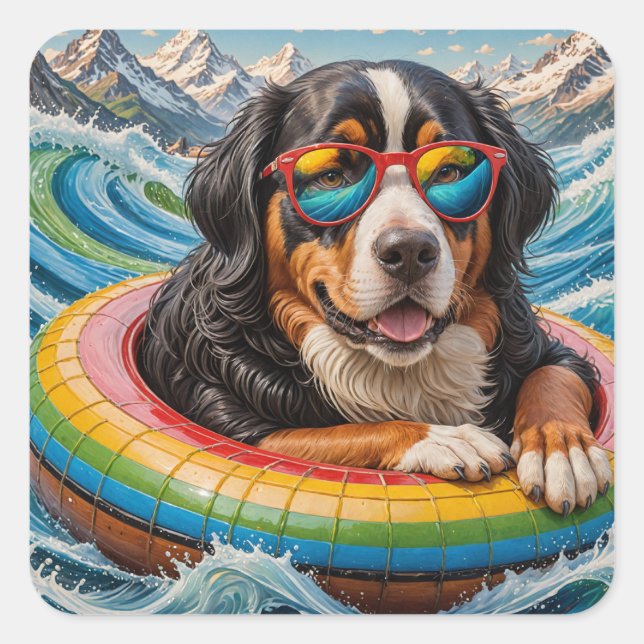 Adorable Berner Hund genießt Floattrip Quadratischer Aufkleber (Vorderseite)