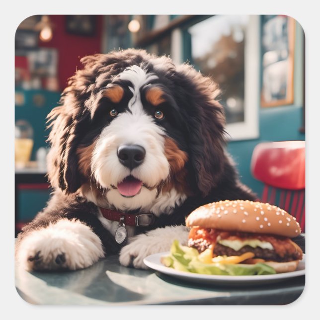 Adorable Bernerdoodle am Diner Quadratischer Aufkleber (Vorderseite)