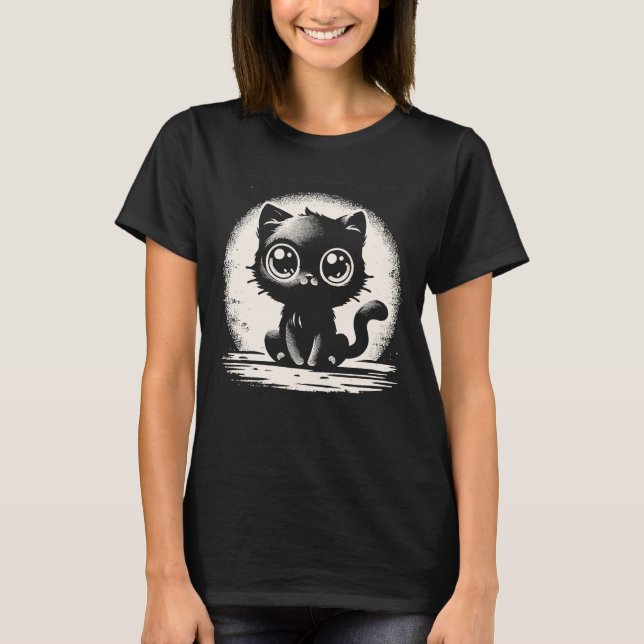 Adorable Big Mit Augen Black Cat Graphic T-Shirt (Vorderseite)