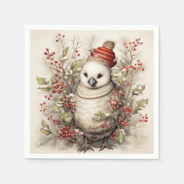 Adorable Bird Wear Red Cap Holly Red Berries Serviette (Vorderseite)