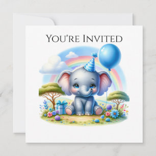 Adorable Birthday Elephant in Blue Party Hat Einladung
