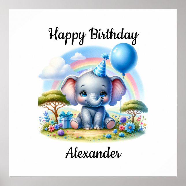 Adorable Birthday Elephant in Blue Party Hat Poster (Vorne)