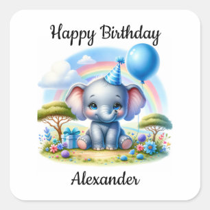 Adorable Birthday Elephant in Blue Party Hat Quadratischer Aufkleber