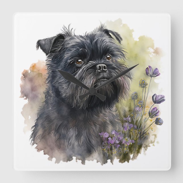 ADORABLE BLACK AFFENPINSCHER HUND MIT BLUME QUADRATISCHE WANDUHR (Vorderseite)