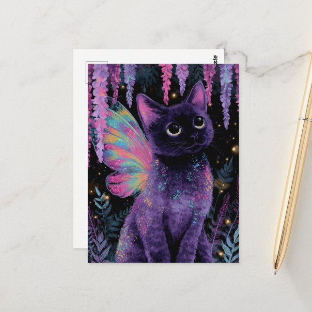 Adorable Black and Purple Cat Fairy Postkarte (Vorderseite/Rückseite Beispiel)