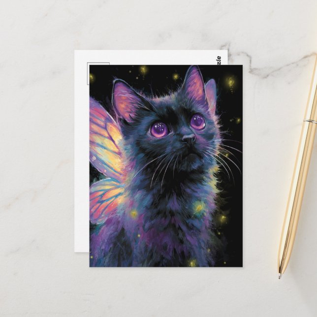 Adorable Black and Purple Cat Fairy Postkarte (Vorderseite/Rückseite Beispiel)