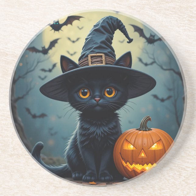 Adorable Black Cat Wear Hexenhut Getränkeuntersetzer (Vorne)