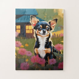 Adorable Black Chihuahua Welpe mit Wildblumen Puzzle