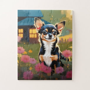 Adorable Black Chihuahua Welpe mit Wildblumen Puzzle