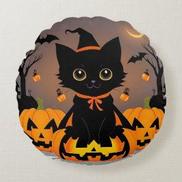 Adorable Black Kitten in Hexenhut Rundes Kissen