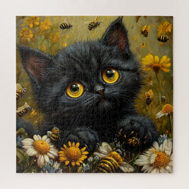 Adorable Black Kitten unter Blume Puzzle (Vertikal)
