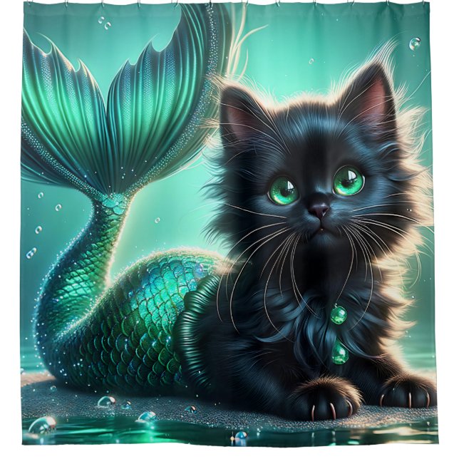 "Adorable Black Mermaid Kitten with Green Eyes" Duschvorhang (Vorderseite)