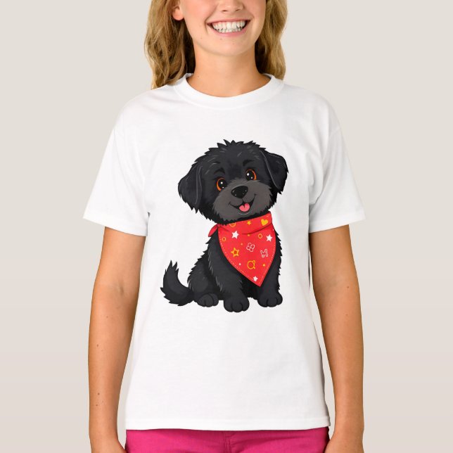 Adorable Black Puppy mit einem roten Bandana T-Shirt (Vorderseite)