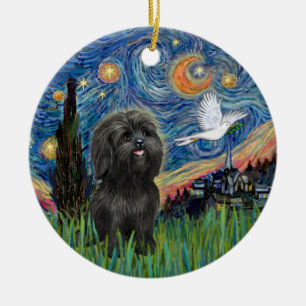 Adorable Black Shih Tzu in Starry Night Adaptation Keramik Ornament