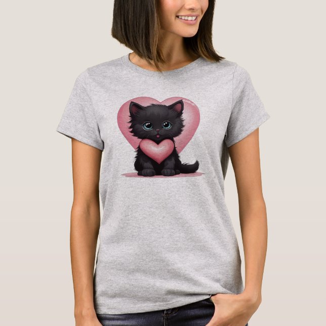 Adorable Black Valentine Kitten T-Shirt (Vorderseite)