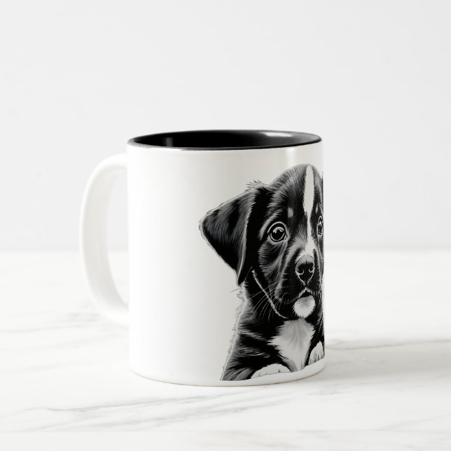 Adorable Black & White Puppy Mug - Perfect Gift Zweifarbige Tasse (Vorderseite Links)