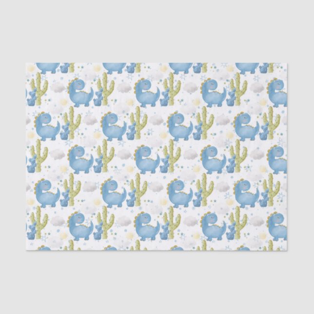 ADORABLE BLAUE DINOSAURS & GREEN CACTUS SEIDENPAPIER (Vorderseite)