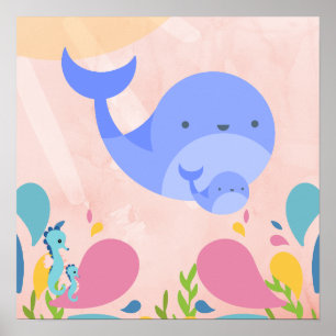 Adorable Blauwale in einem Baby-Rosa-Ozean-Szene, Poster
