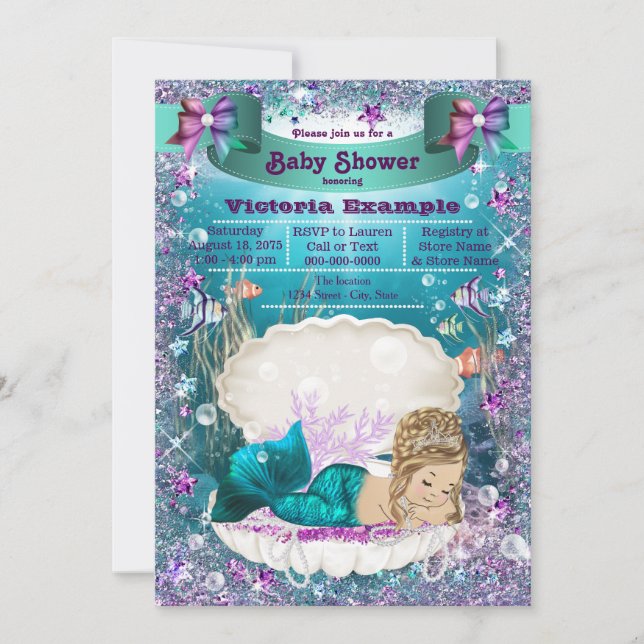 Adorable Blonde Mermaid Princess Baby Dusche Einladung (Vorderseite)