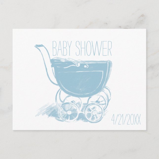 Adorable Blue Baby Boy Carriage Retro Baby Dusche Einladungspostkarte (Vorderseite)