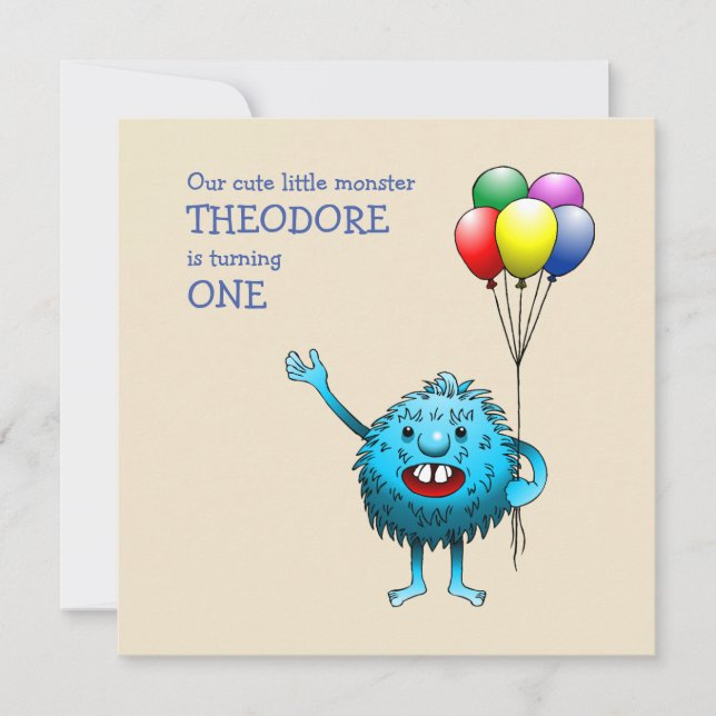 Adorable Blue Creature mit Balloons Einladung (Vorderseite)