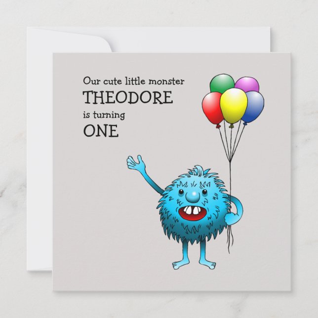 Adorable Blue Creature mit Balloons Einladung (Vorderseite)