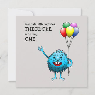 Adorable Blue Creature mit Balloons Einladung