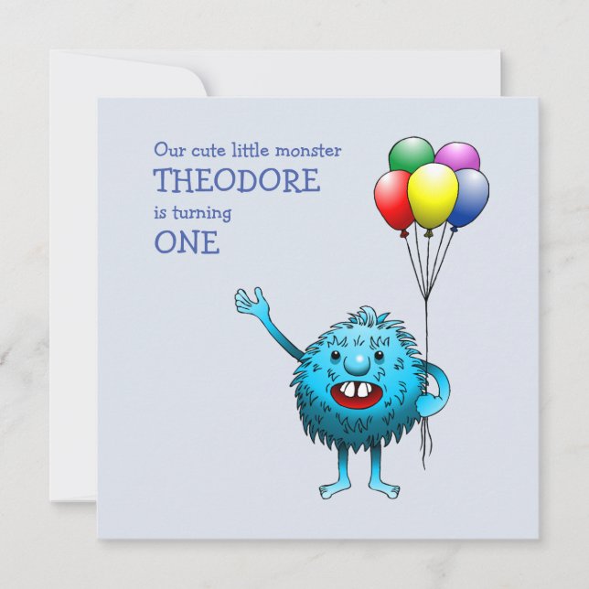 Adorable Blue Creature mit Balloons Einladung (Vorderseite)