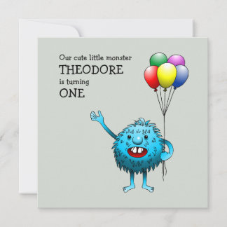 Adorable Blue Creature mit Balloons Einladung