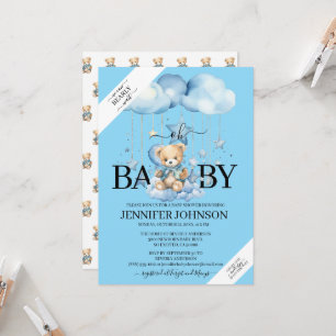 Adorable Blue Watercolor Teddy Bear Baby Dusche Einladung